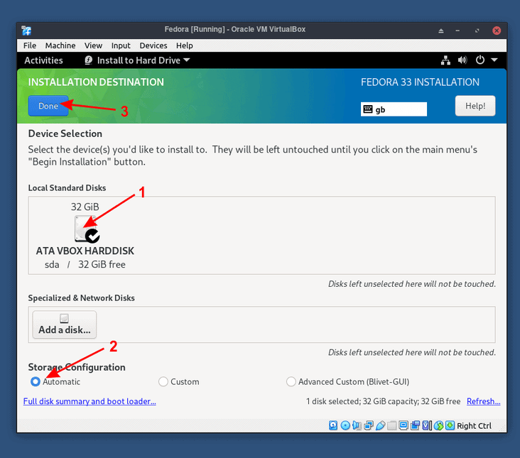 Disk partition while installing Fedora in virtual box