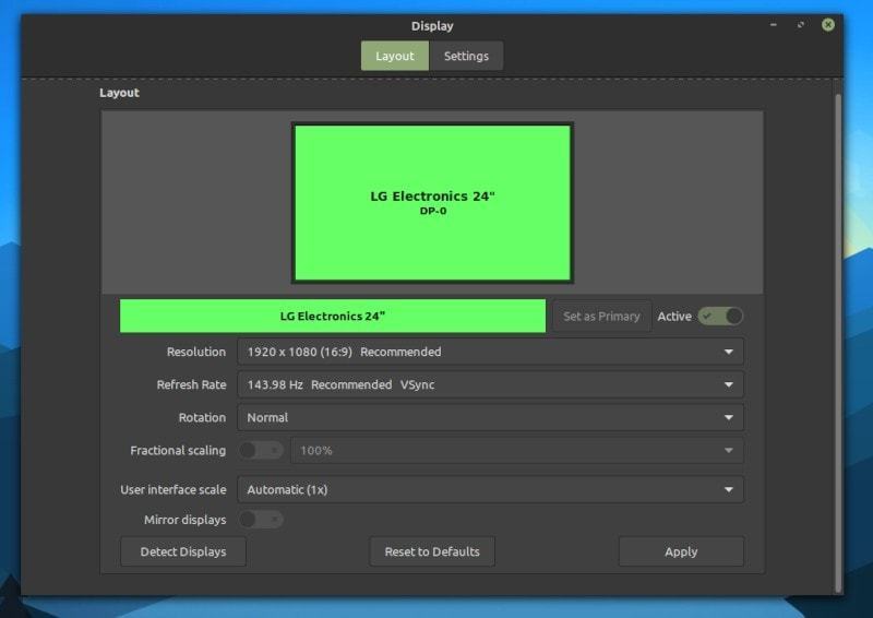 linux mint display settings