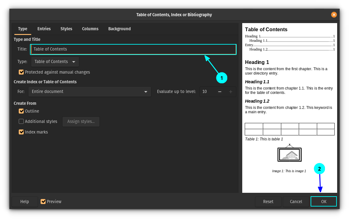 Give a Heading to the Table of Contents, if you want and press OK button on the bottom left to add a simple Table of Contents