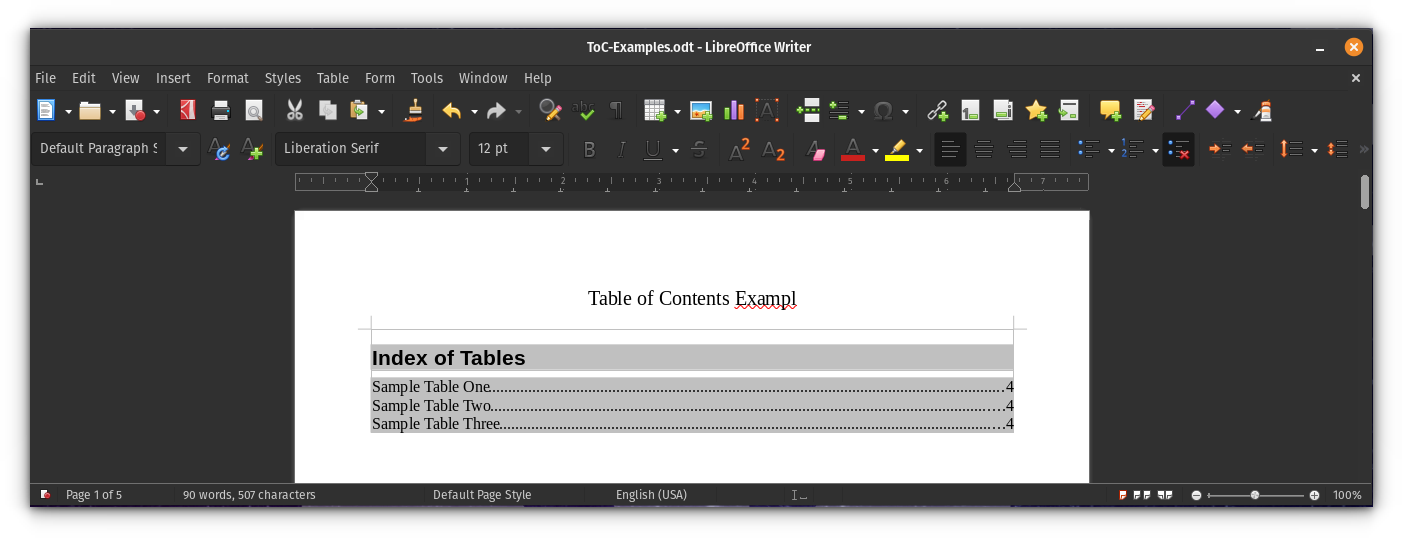 Index of Tables Appearance in Document