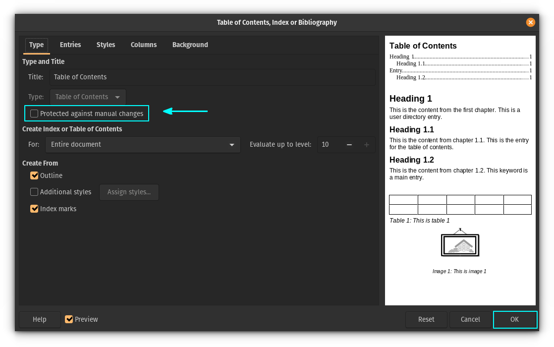 Disable protection against manual changes to make the table of contents update automatically