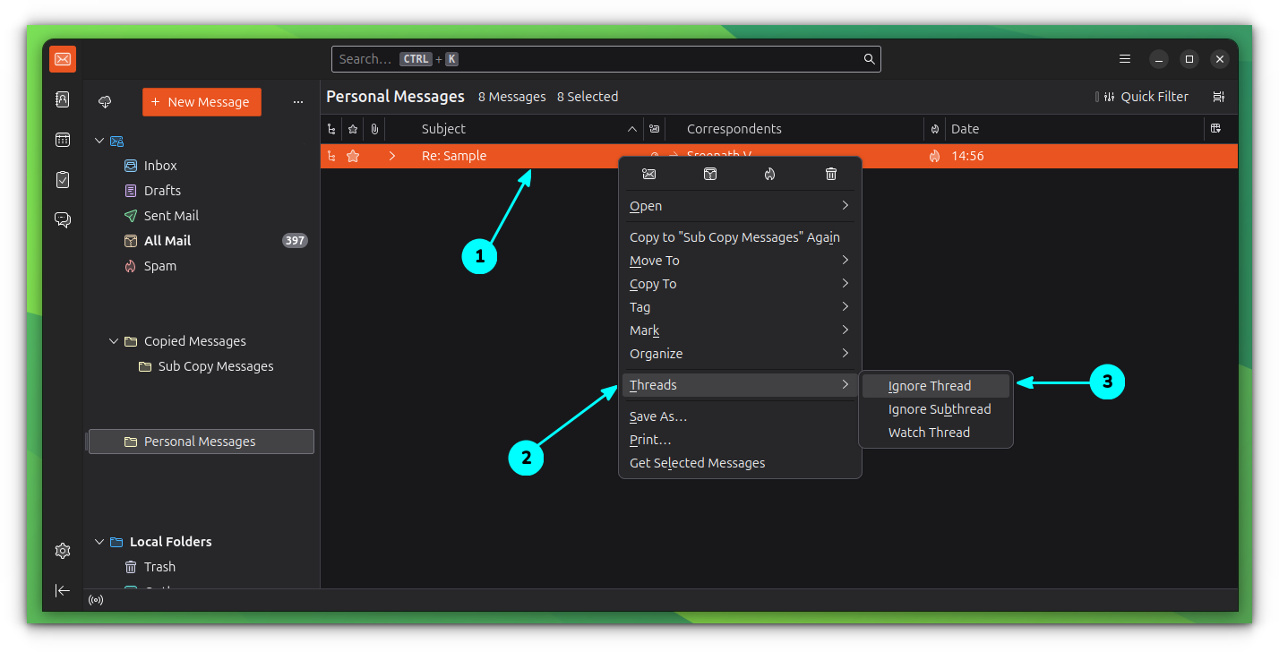 Ignore a thread in Thunderbird by right-clicking on a thread and selecting Threads >