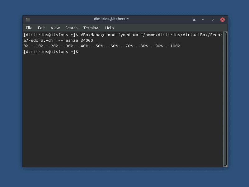Increasing disk size in VirtualBox using Linux command line