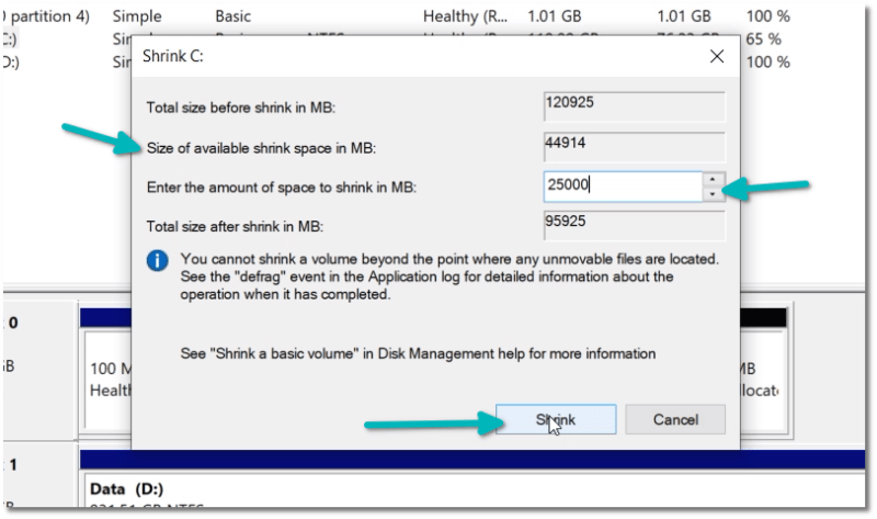 shrink volume for ubuntu install ssd 1