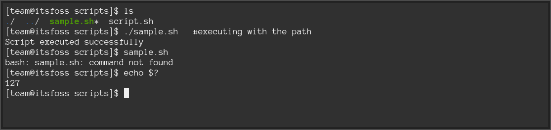Script executed without the path gives "command not found" or code 127