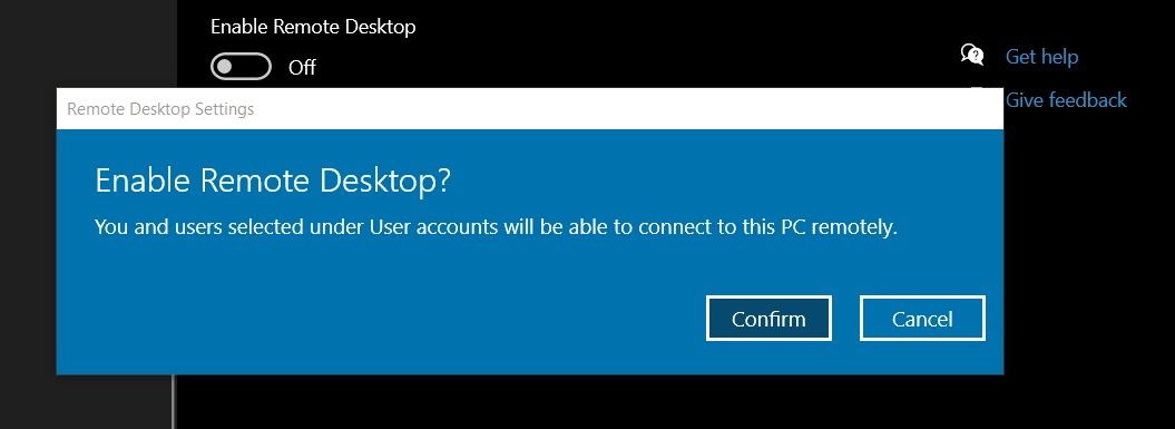 prompt to enable remote desktop on windows 10