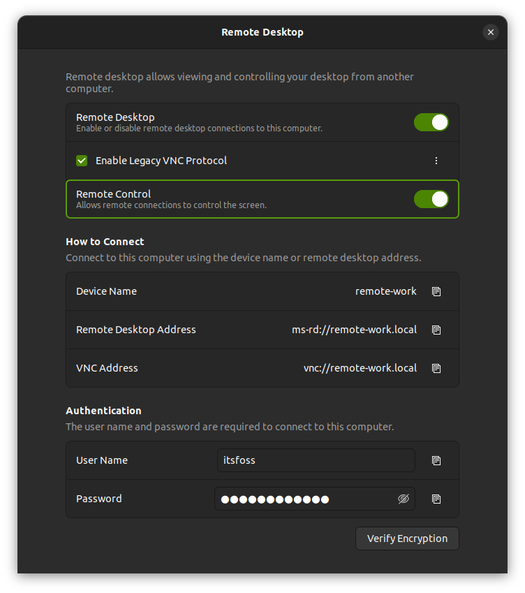 enable remote desktop and authentication details screenshot